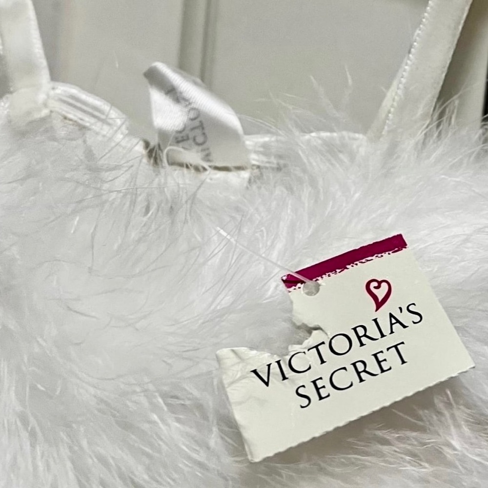 NWT Victoria's Secret Vintage Sexy White Mesh Bodysuit with Faux Feather Trim - Picture 2 of 15